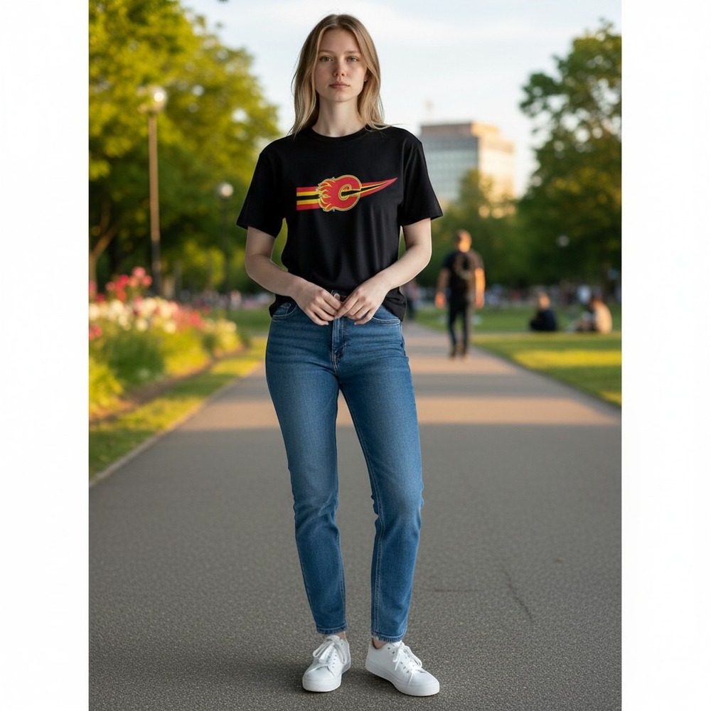 NHL calgary flames t-shirt women XL black graphic logo red contrast stitch